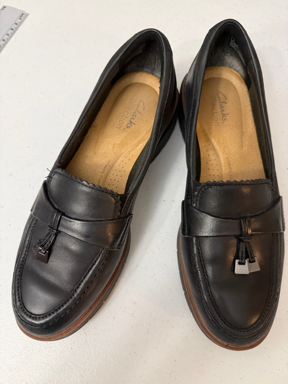 Clarks Black Leather Tassel Slip-On Loafers